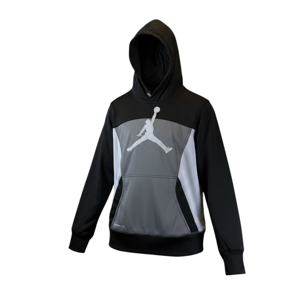 Jordan Boys Therma-FIT Hoodie Black Grey Jumpman Pullover‎ Size L 12-13 YRS